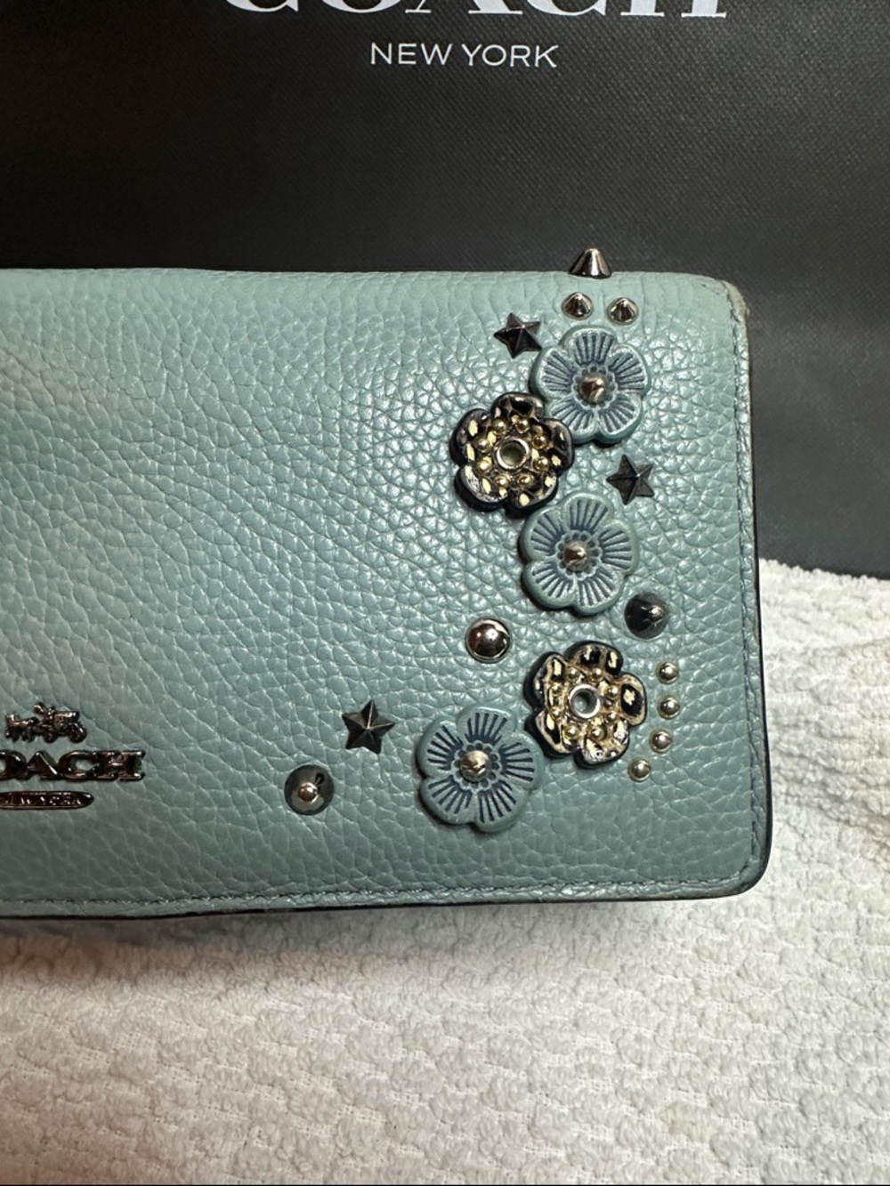 Coach Tea Rose Floral Studded Leather Wallet - Aqua Blue - Picture 15 of 16